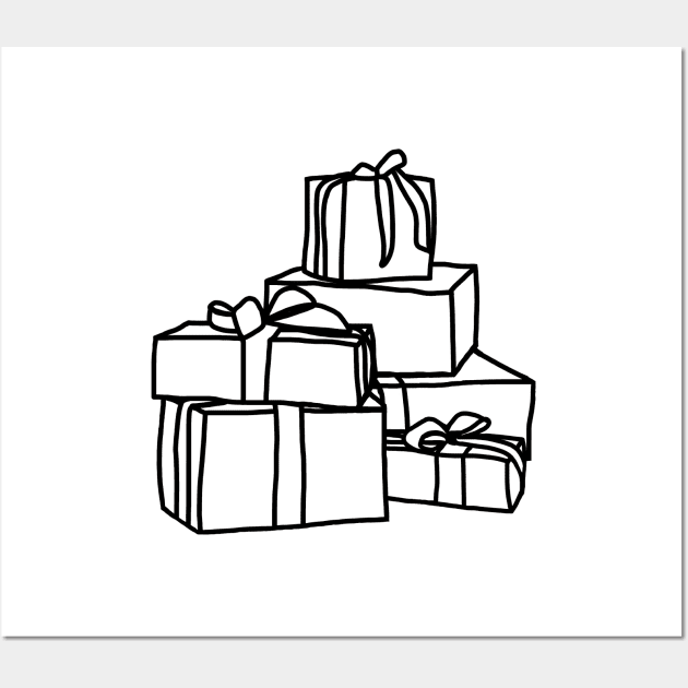 Pile of Wrapped Christmas Gift Boxes Line Drawing Wall Art by ellenhenryart